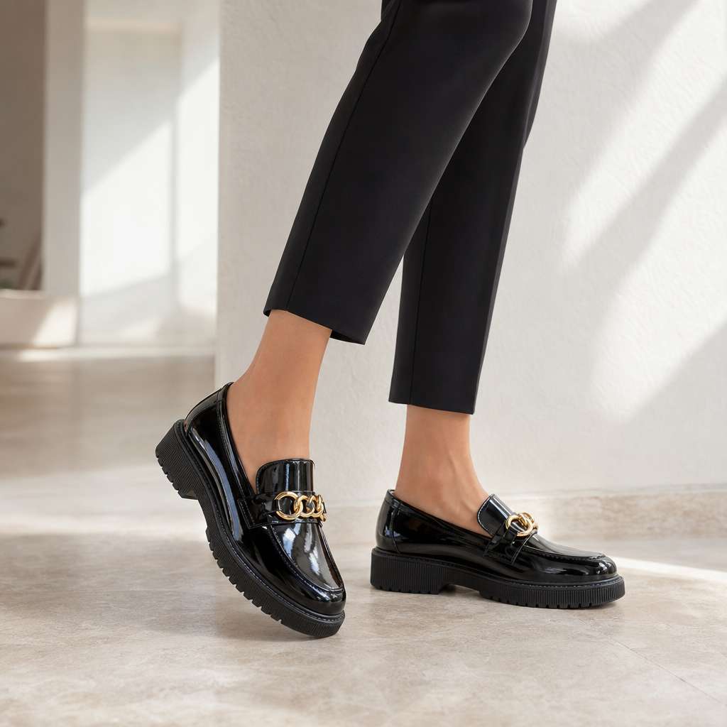 mocassins femme noir verni brillant photo lifestyle portée