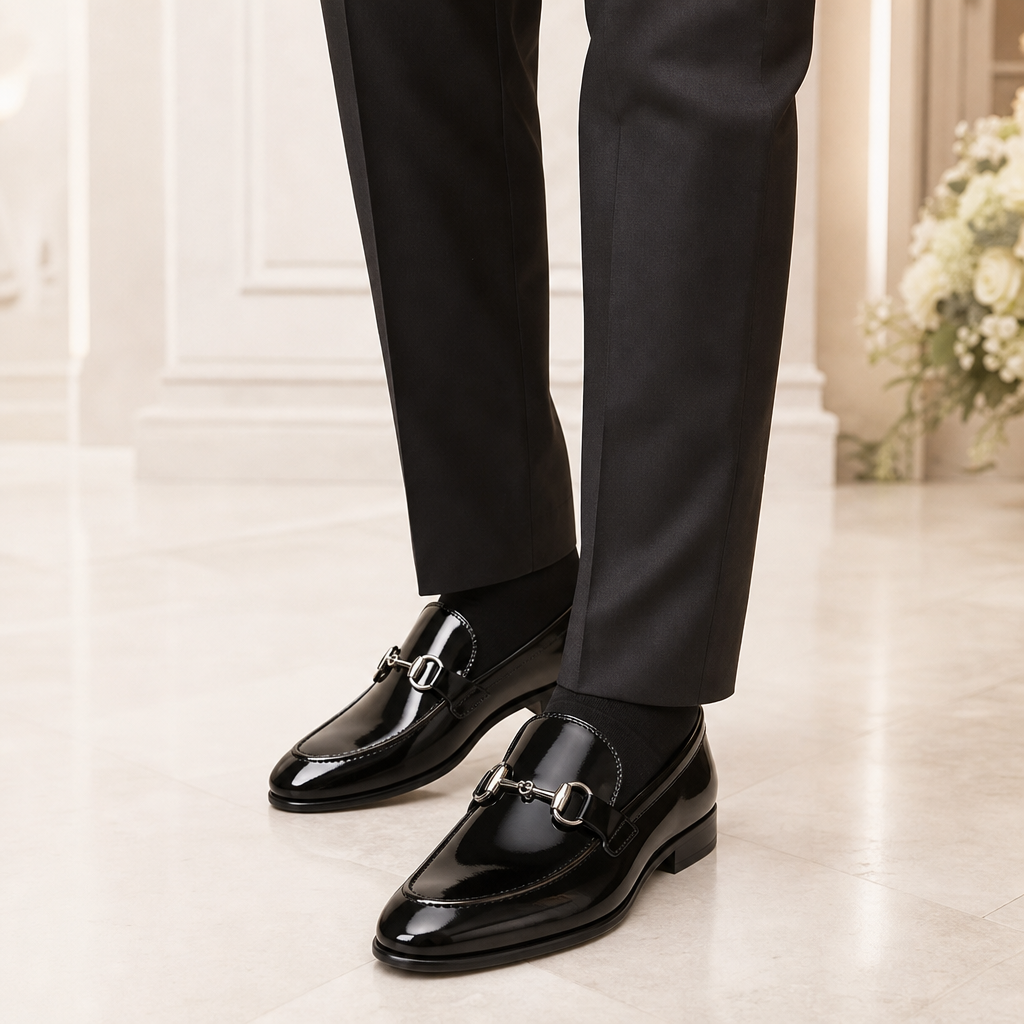 mocassins homme noir verni en cuir photo lifestyle portée