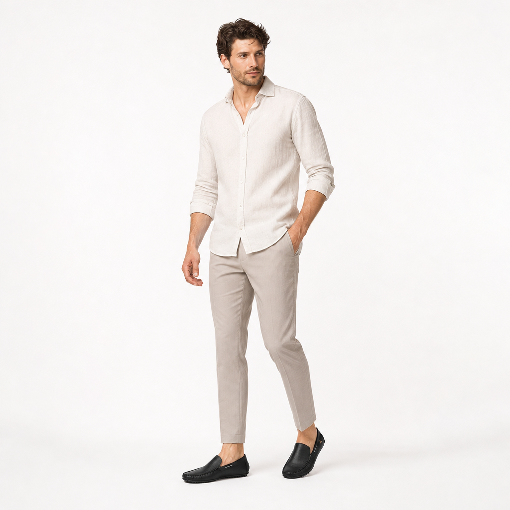 mocassins homme noir en cuir style bateau shooting porté avec mannequin entier