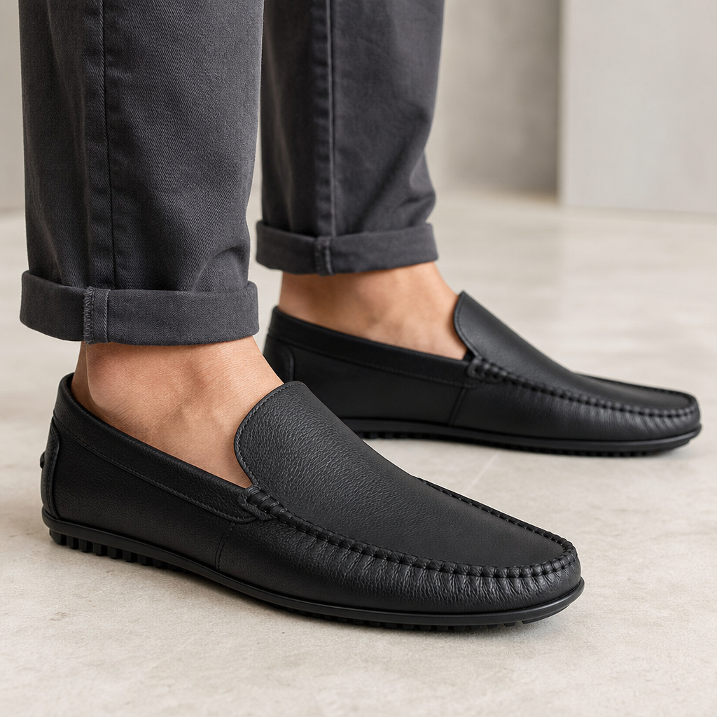 mocassins homme noir en cuir style bateau détail porté aux pieds