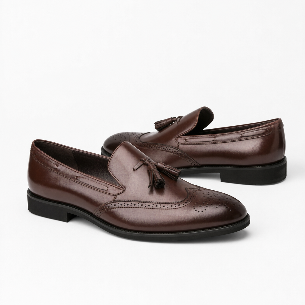 mocassins homme marron verni en cuir paire sur fond blanc
