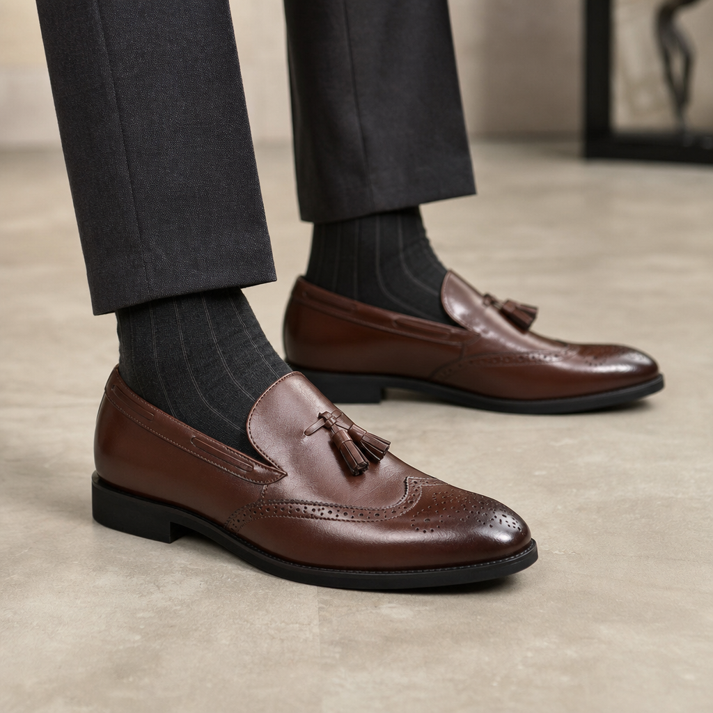 mocassins homme marron verni en cuir détail porté aux pieds