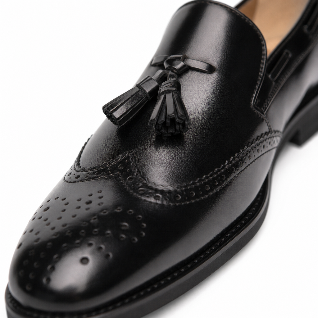 mocassins homme noir verni en cuir gros plan détail