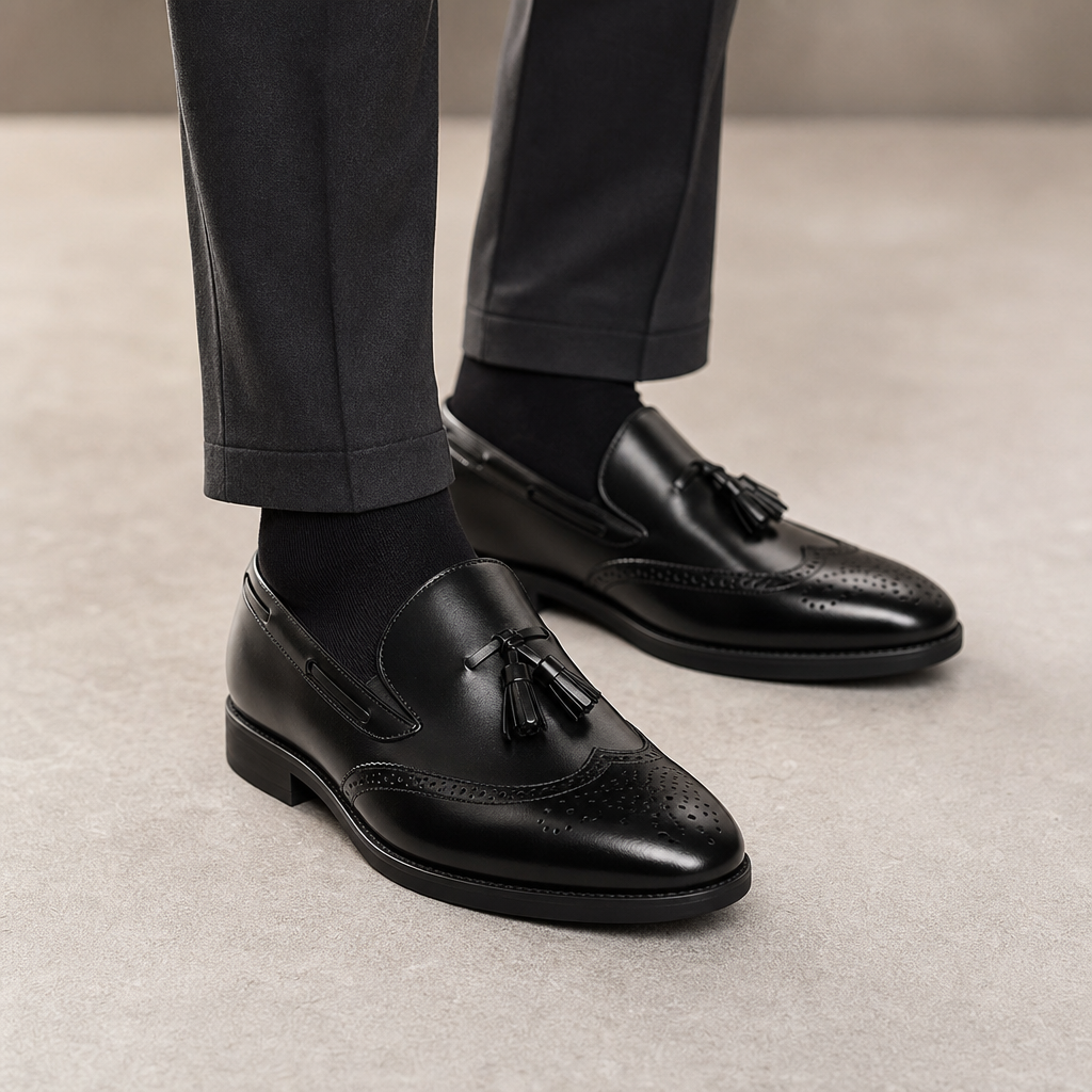mocassins homme noir verni en cuir détail porté aux pieds