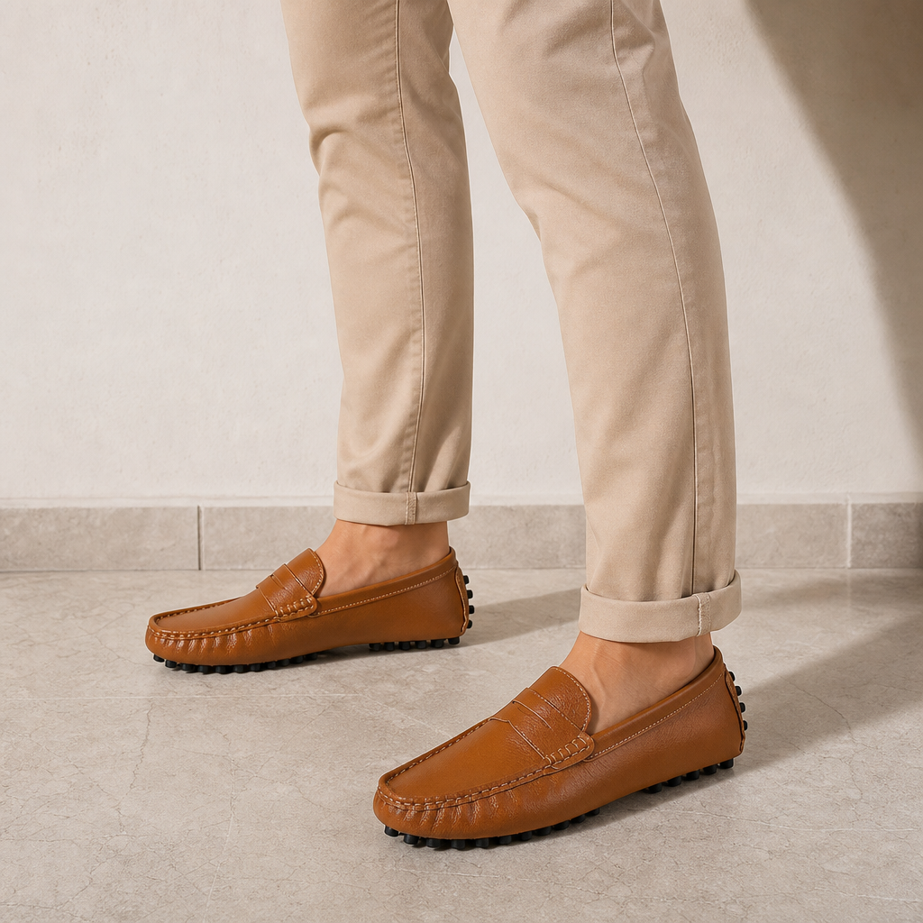 mocassins homme marron verni en cuir photo lifestyle portée