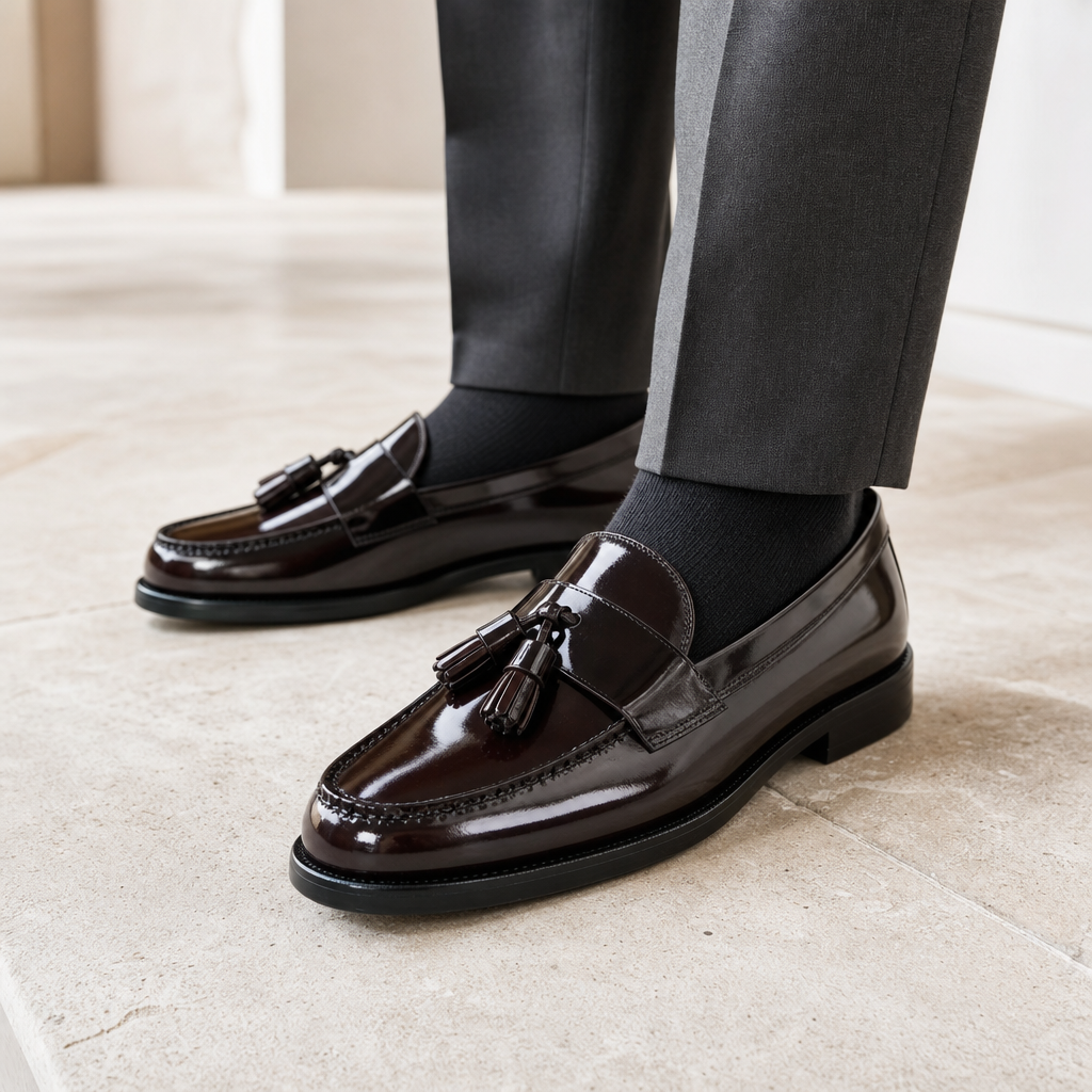mocassins homme marron verni brillant détail porté aux pieds