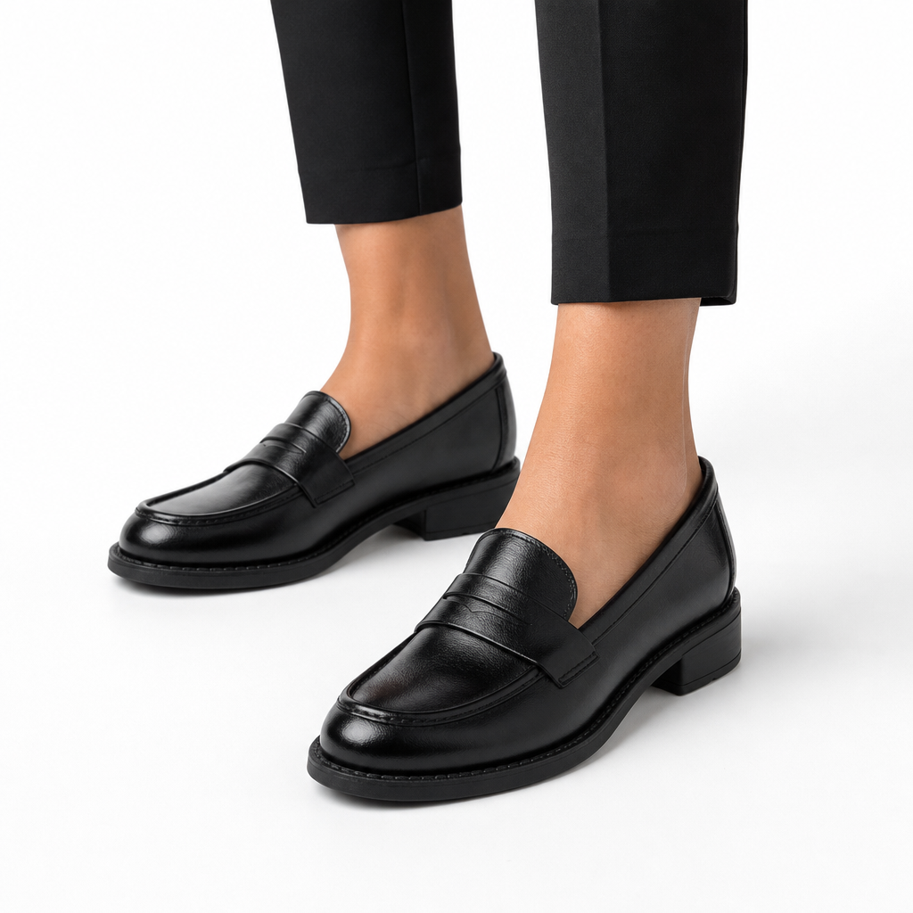 mocassins femme noir verni en cuir détail porté aux pieds