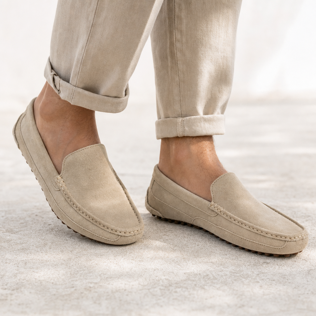 mocassins homme beige en daim style bateau détail porté aux pieds