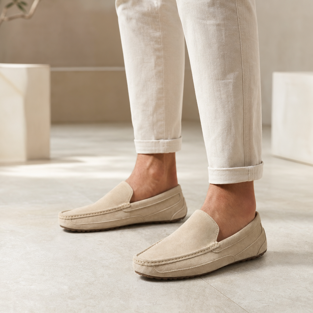 mocassins homme beige en daim style bateau photo lifestyle portée