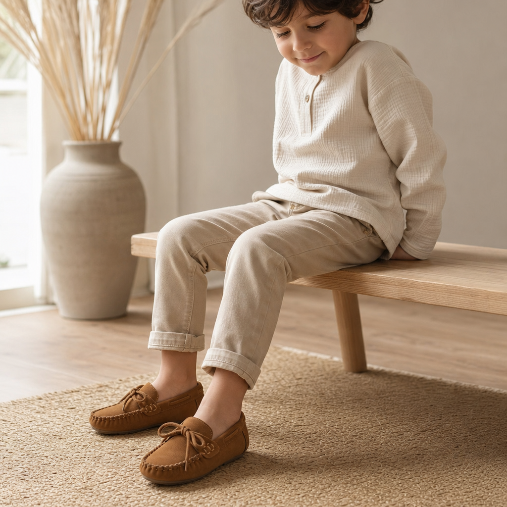 mocassins enfant camel en daim photo lifestyle portée