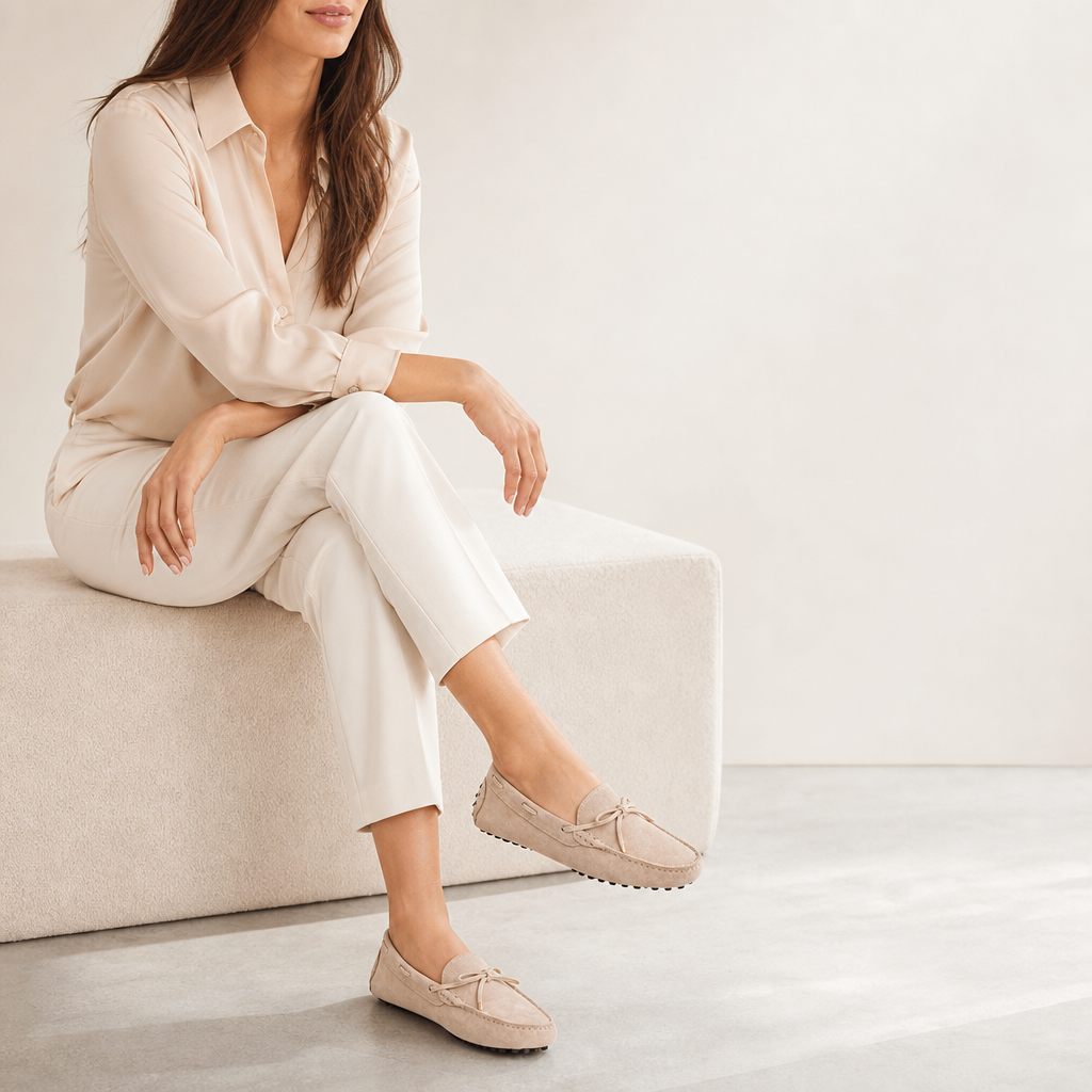 mocassins femme beige en daim style bateau photo lifestyle portée
