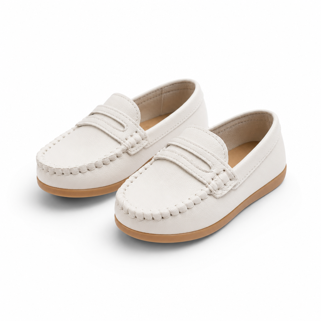 mocassins enfant blancs mats en cuir en paire sur fond blanc
