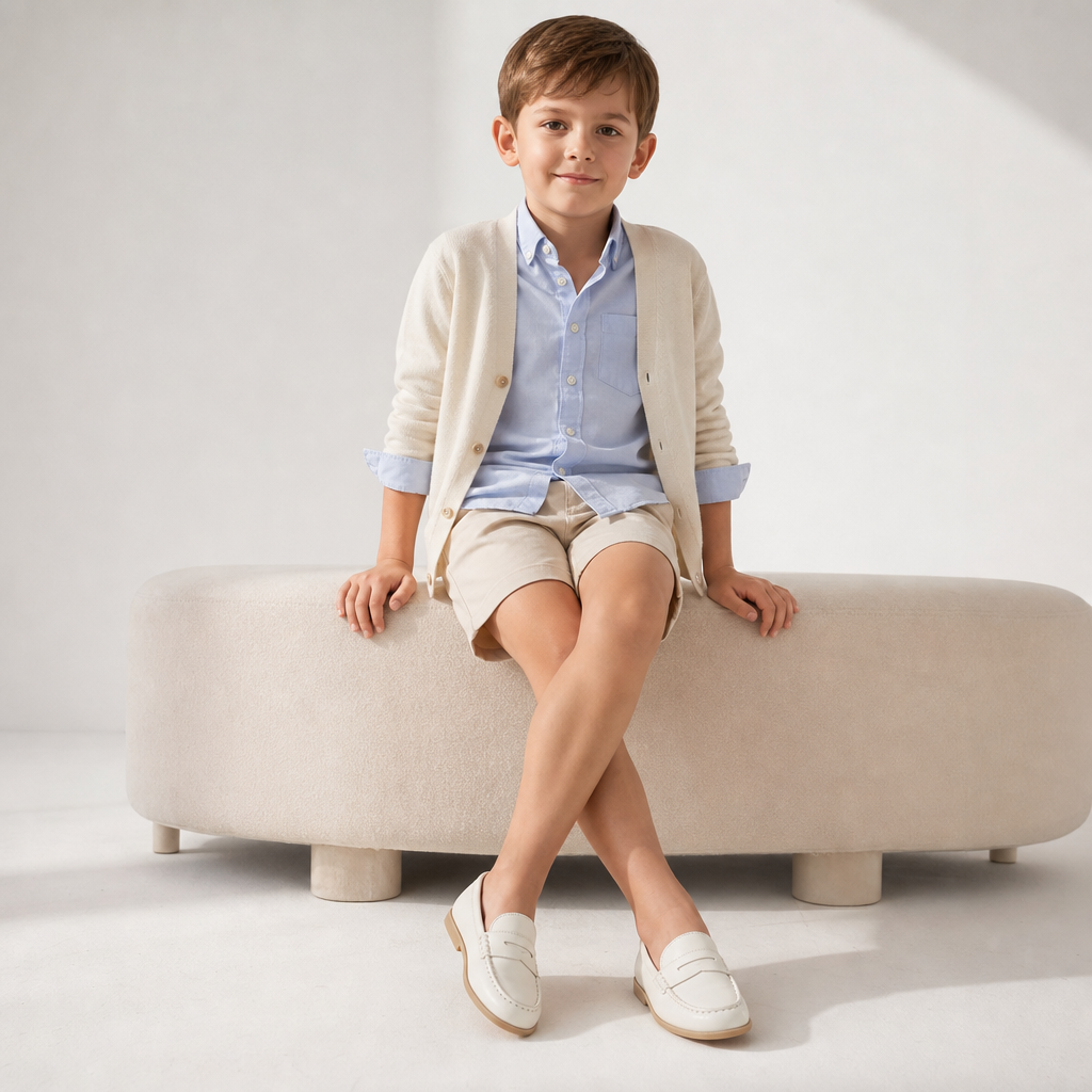 mocassins enfant blancs mats en cuir en photo portée lifestyle