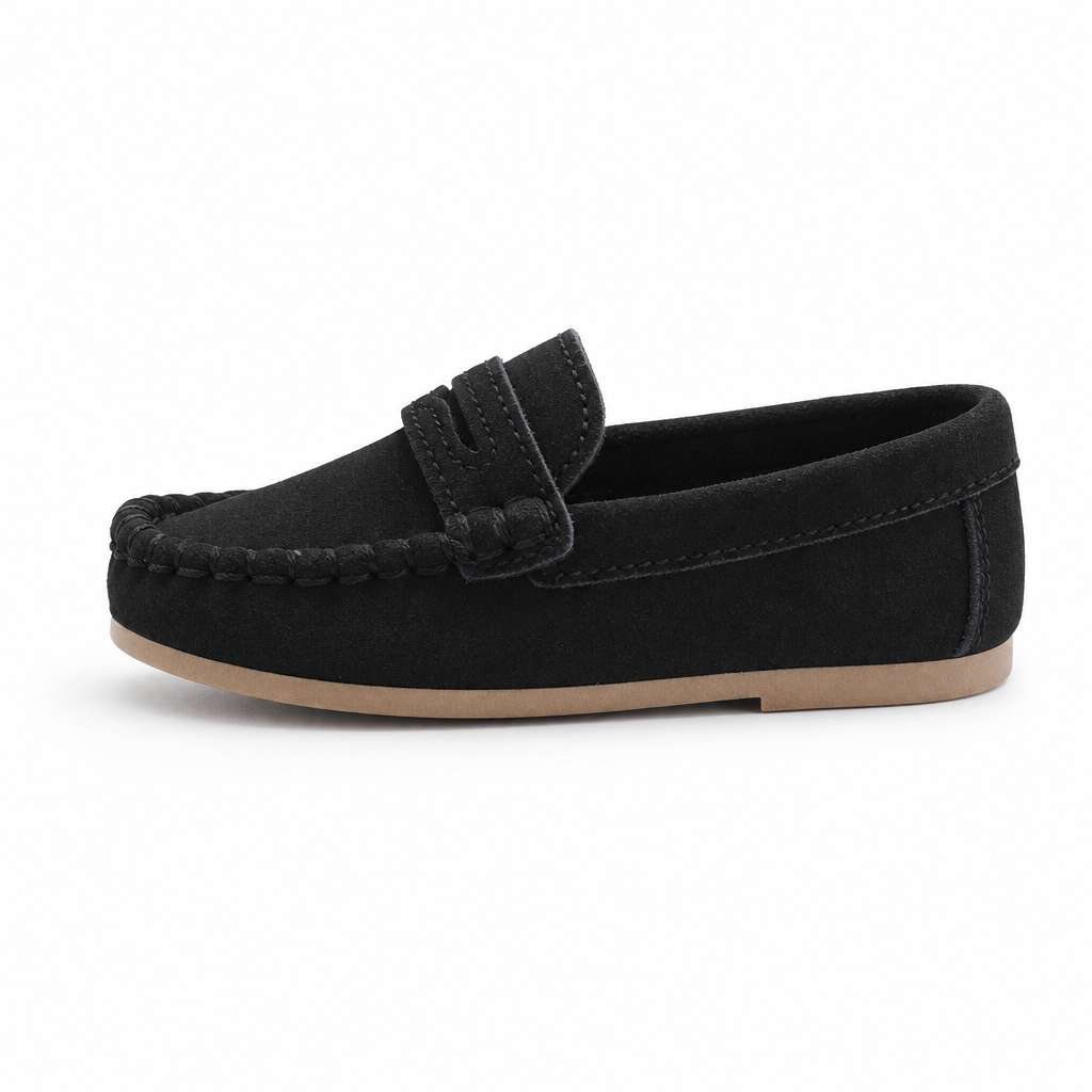 mocassins enfant noir en daim en cuir vue de côté