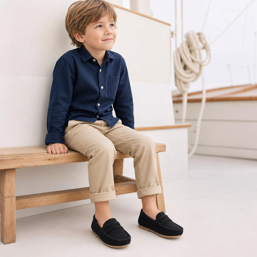 mocassins enfant noir en daim en cuir photo lifestyle portée