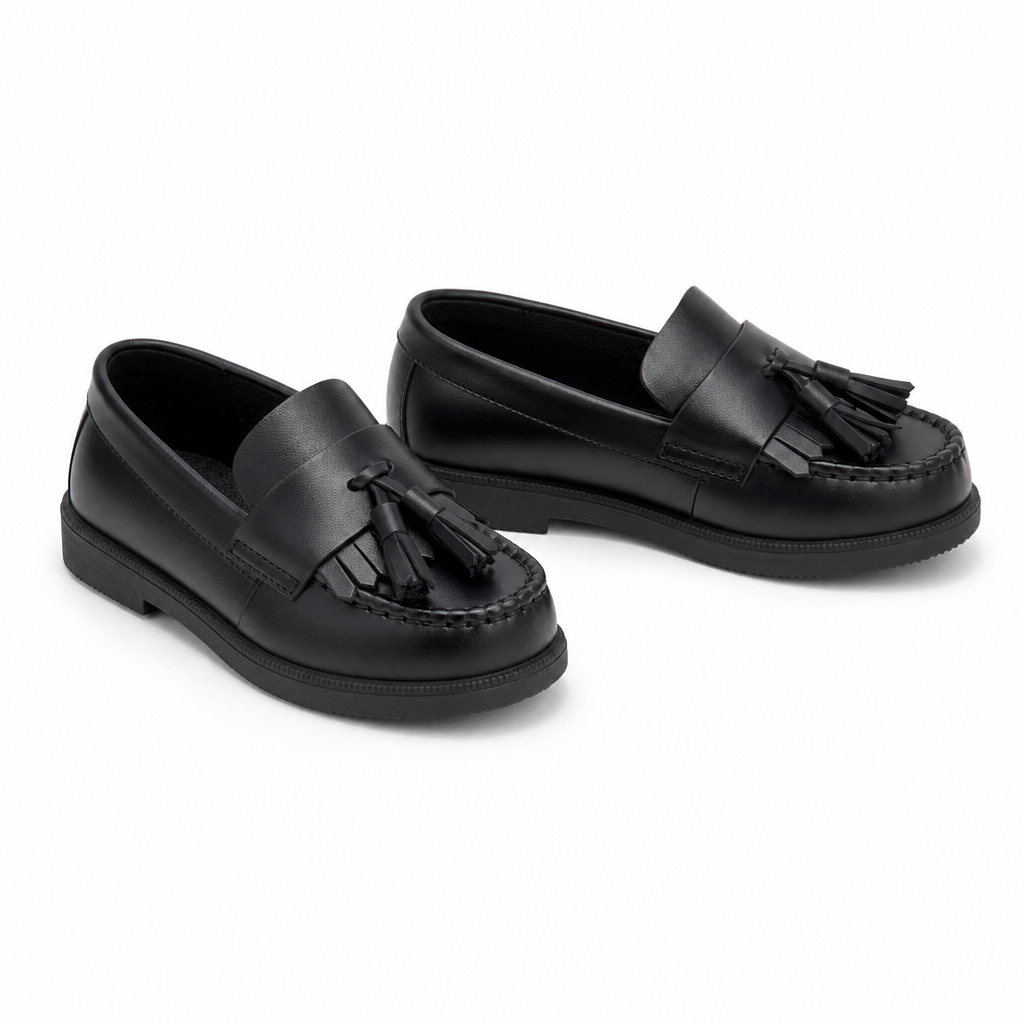 mocassins enfant noir paire sur fond blanc