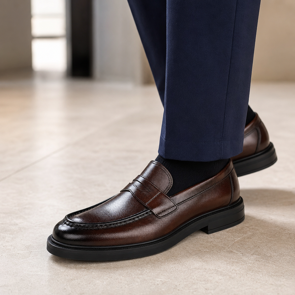 mocassins homme marron verni en cuir détail porté aux pieds