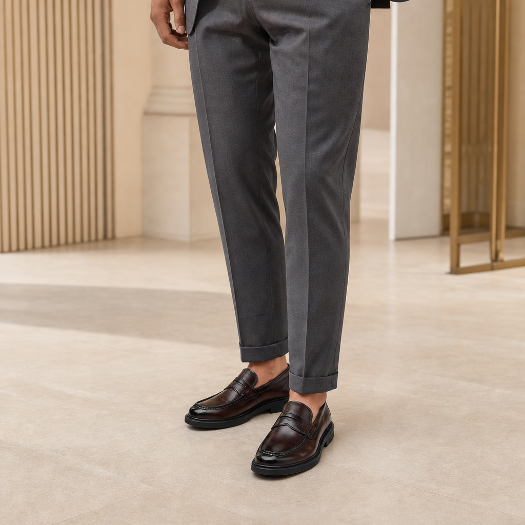 mocassins homme marron verni en cuir photo lifestyle portée