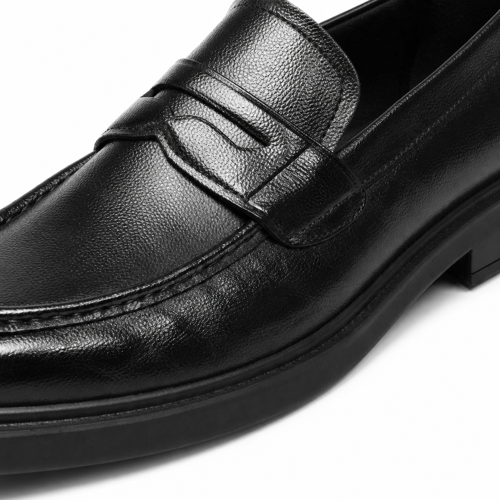 mocassins homme noir verni en cuir gros plan détail