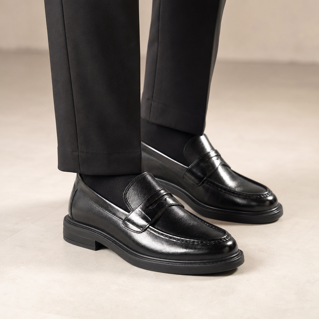 mocassins homme noir verni en cuir détail porté aux pieds