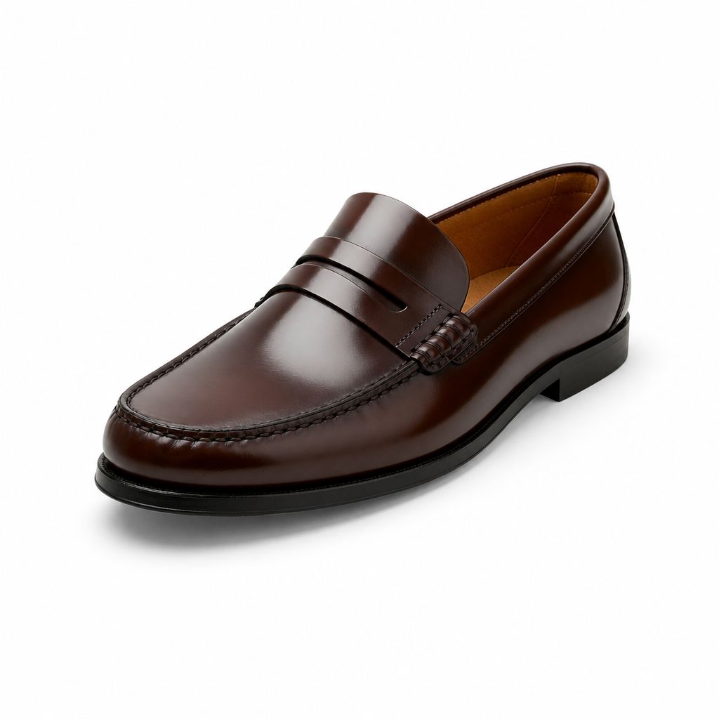 mocassins homme marron verni brillant vue solo sur fond blanc