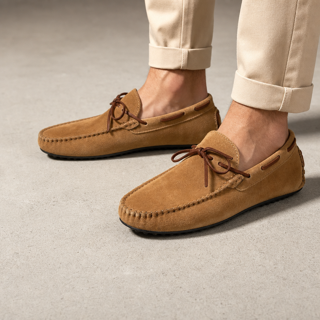 mocassins homme marron en daim en nubuck détail porté aux pieds