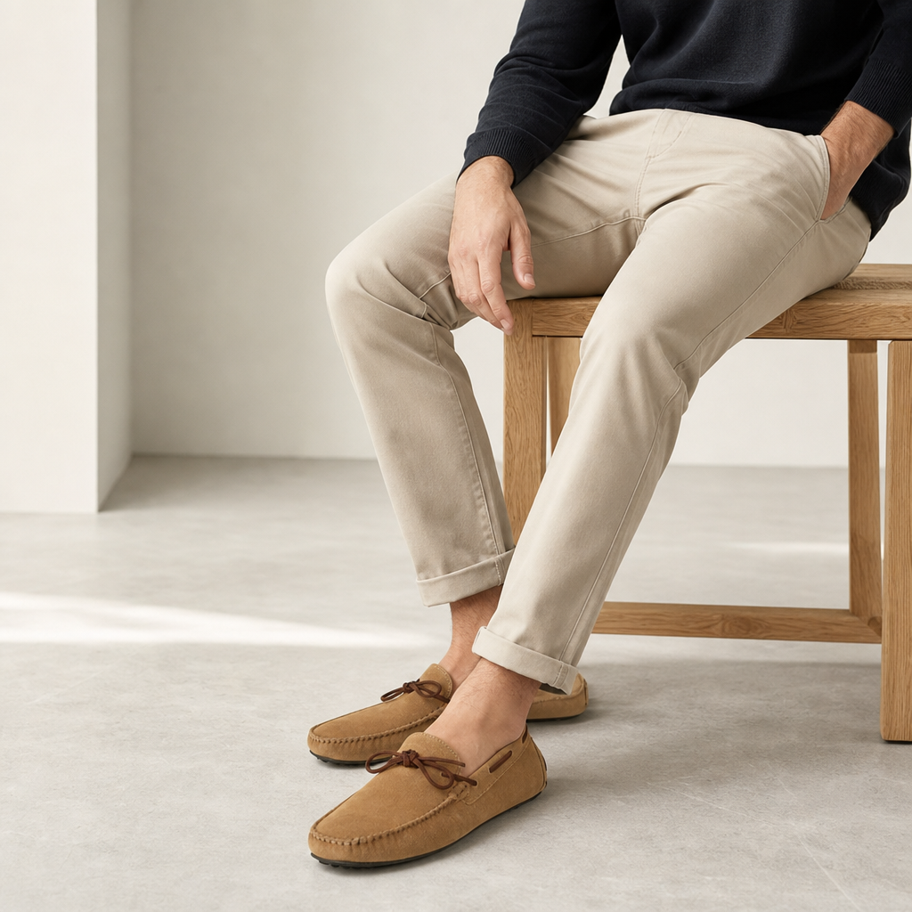mocassins homme marron en daim en nubuck photo lifestyle portée