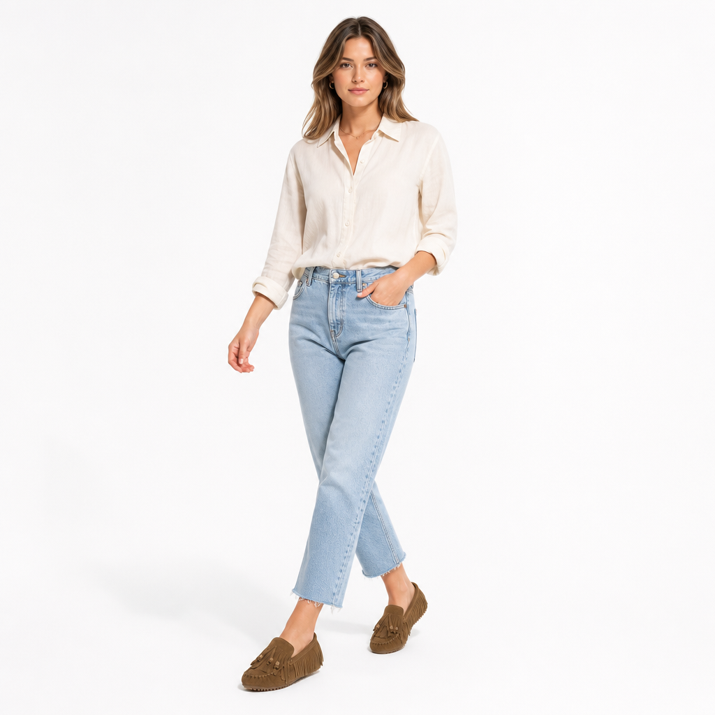 mocassins femme marron en daim à franges shooting porté avec mannequin entier