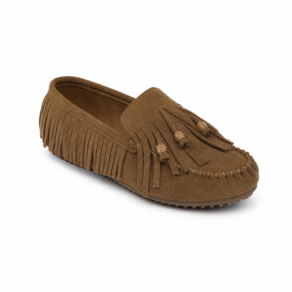 mocassins femme marron en daim à franges vue solo sur fond blanc