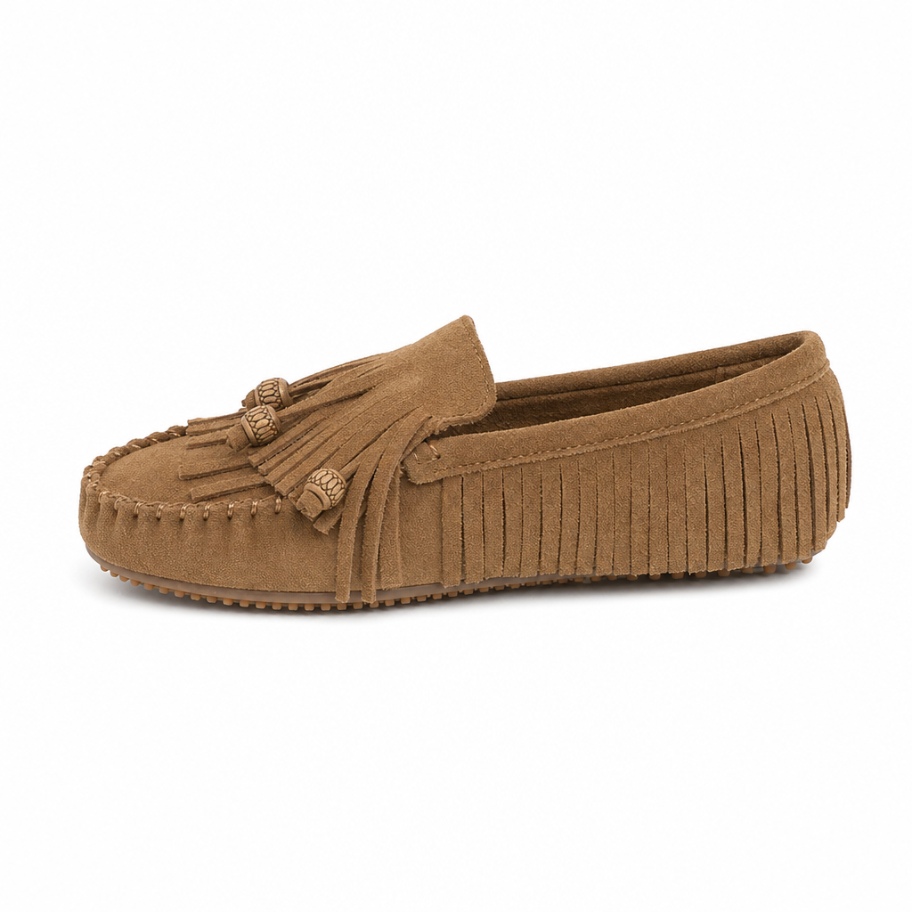 mocassins femme marron en daim à franges vue de côté