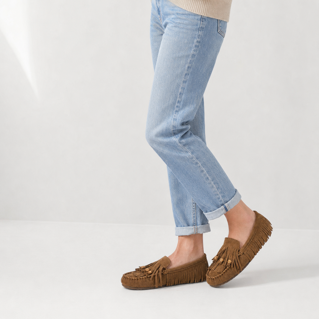 mocassins femme marron en daim à franges photo lifestyle portée
