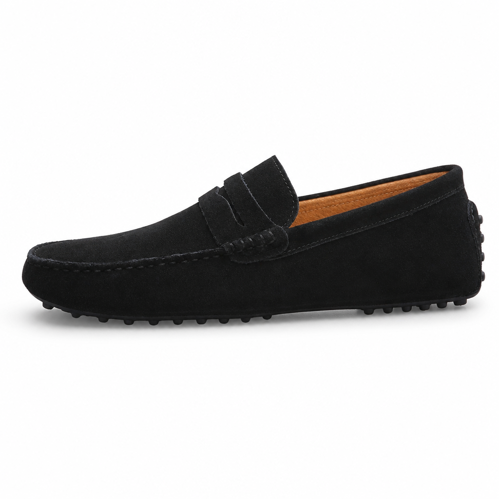 mocassins homme noir en daim vue de côté