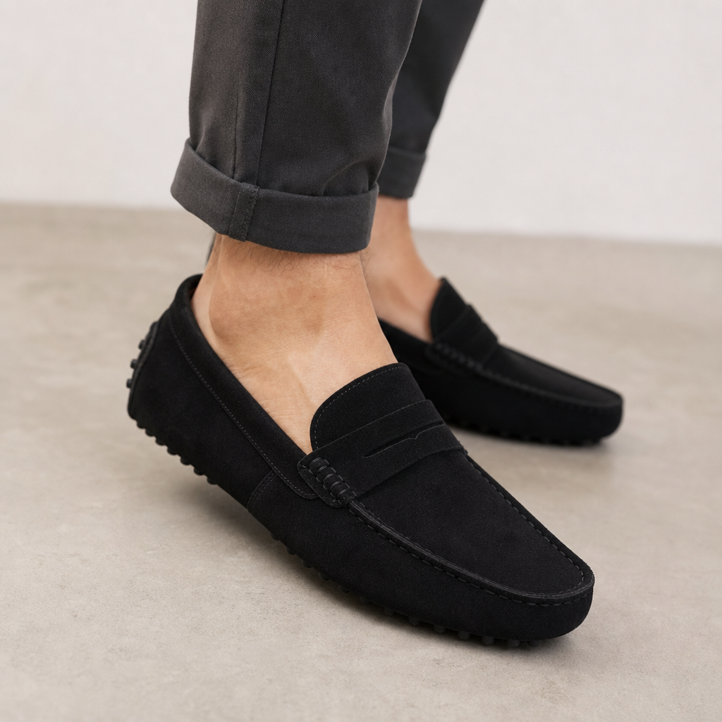 mocassins homme noir en daim détail porté aux pieds