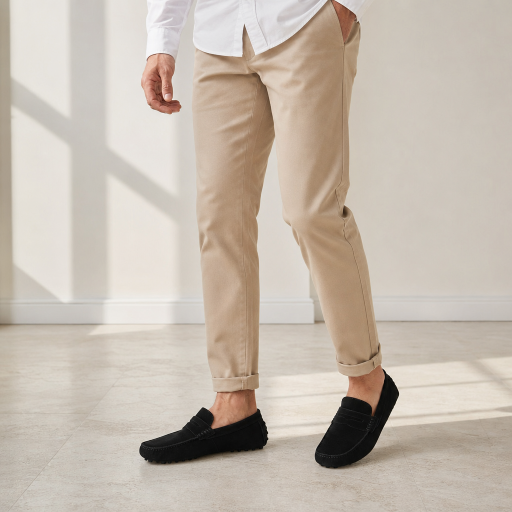 mocassins homme noir en daim photo lifestyle portée