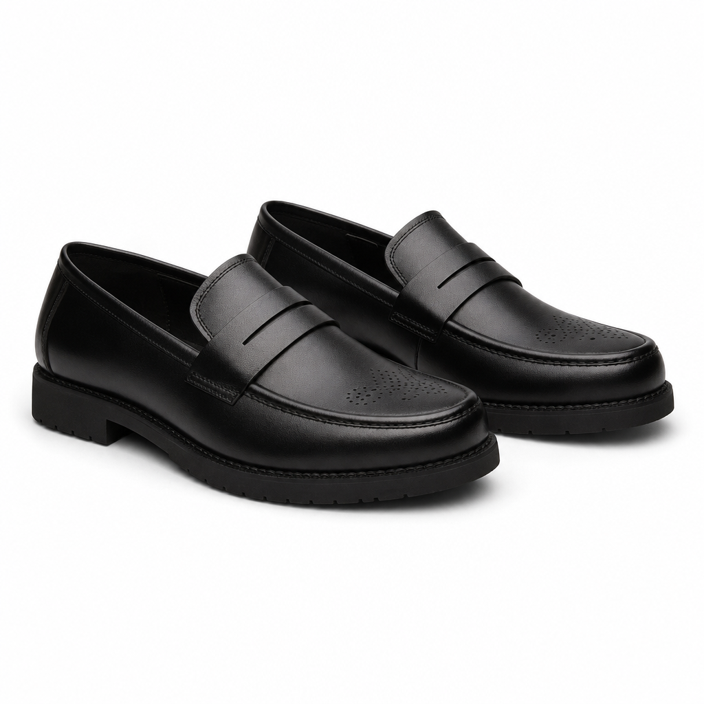 mocassins homme noir en cuir orthopédique paire sur fond blanc