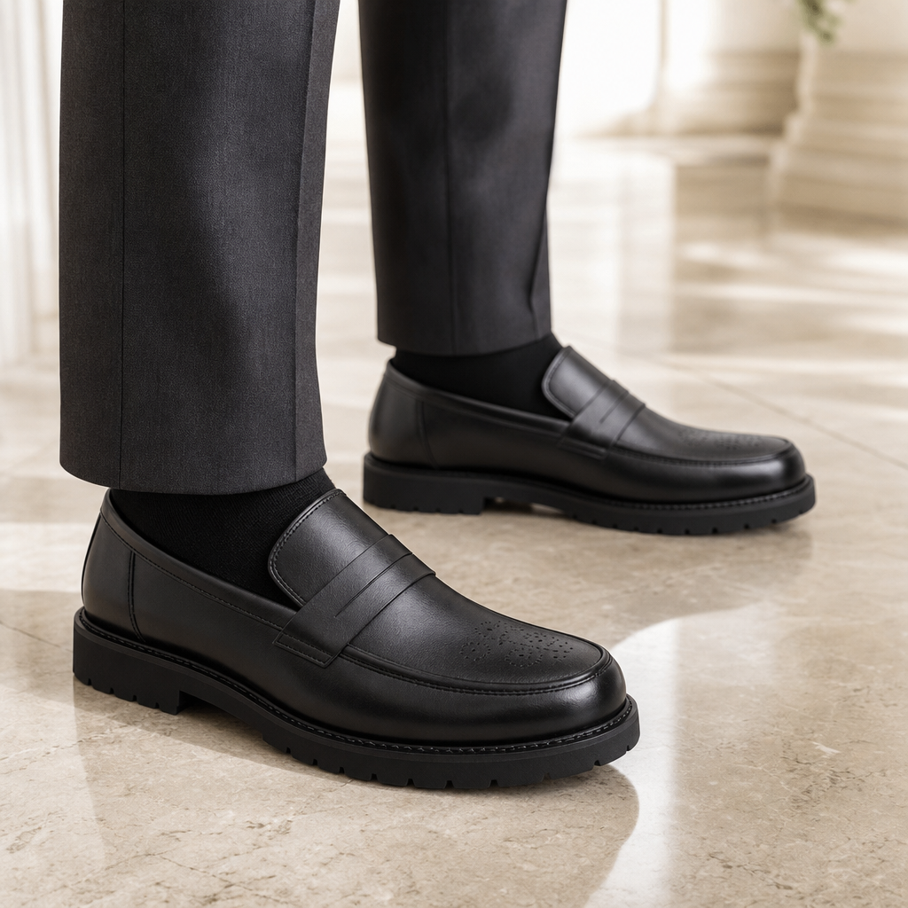 mocassins homme noir en cuir orthopédique détail porté aux pieds