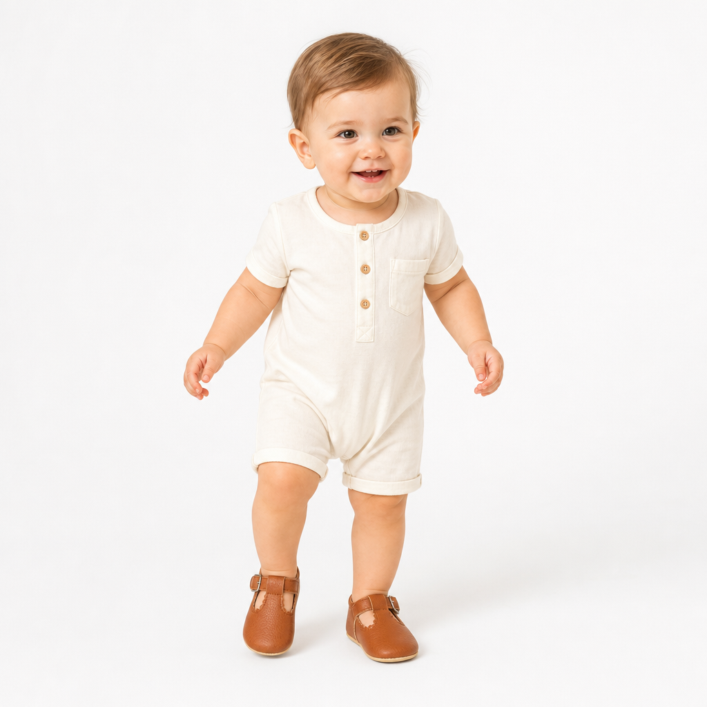 mocassins bébé marron en cuir orthopédique shooting porté avec mannequin entier