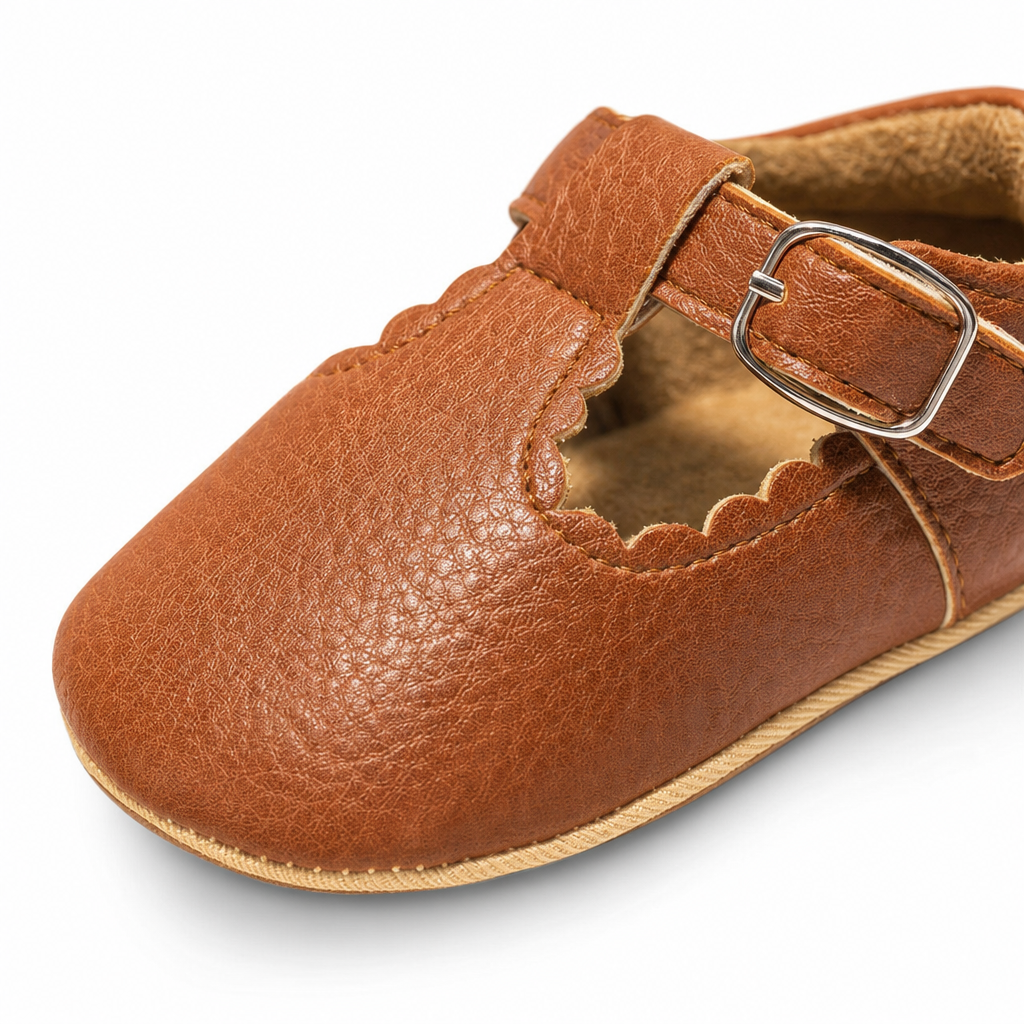 mocassins bébé marron en cuir orthopédique gros plan détail