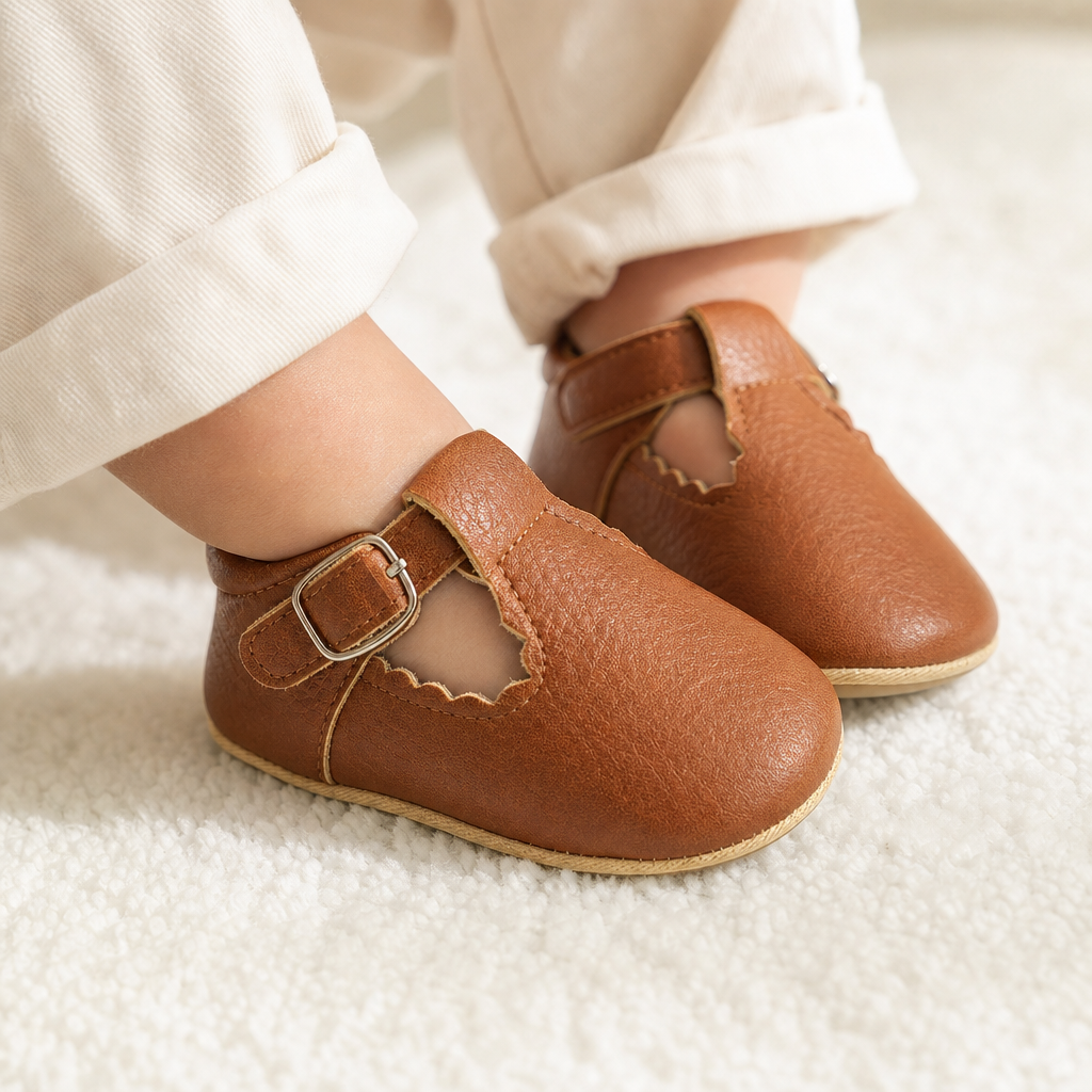 mocassins bébé marron en cuir orthopédique détail porté aux pieds