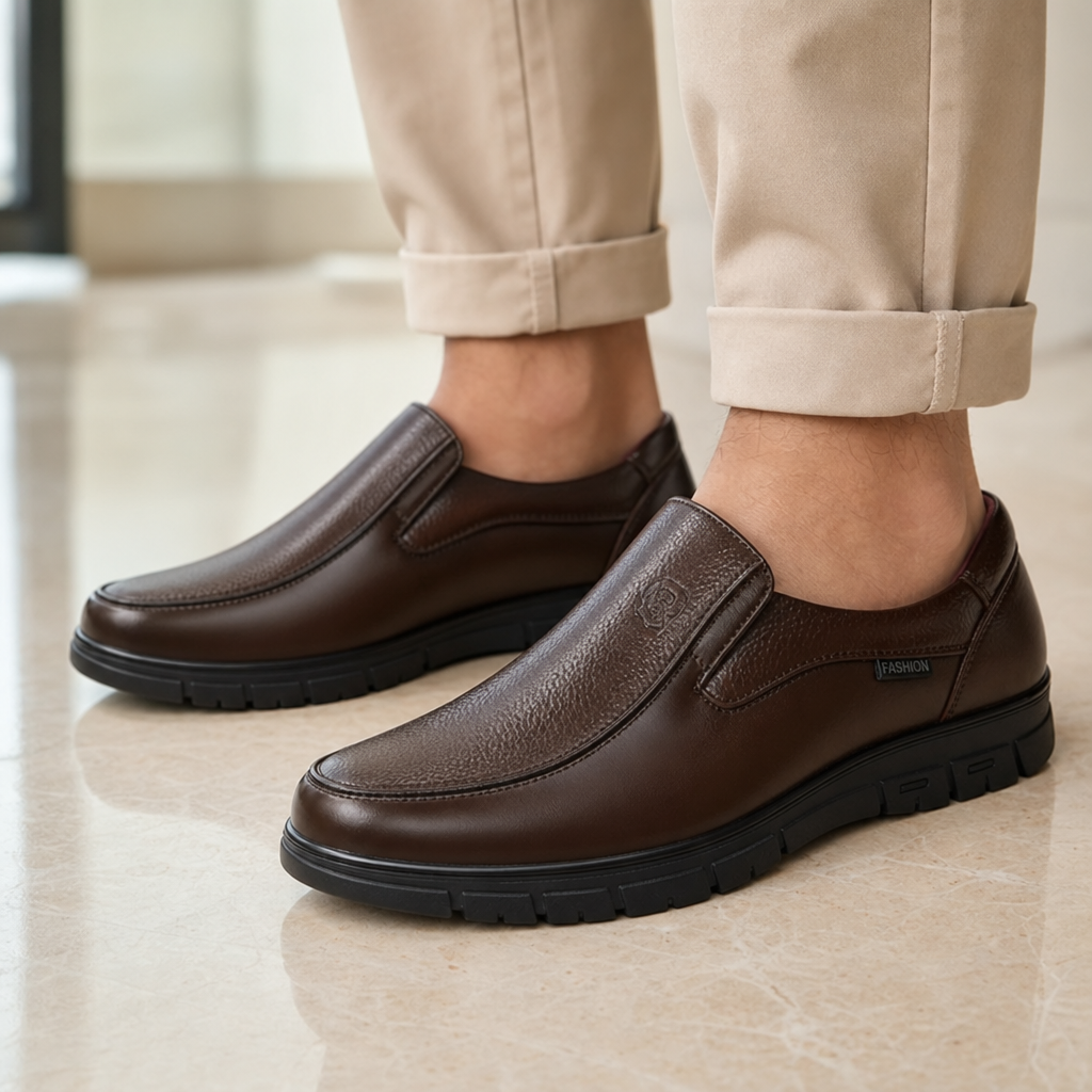 mocassins homme marron en cuir semelle épaisse détail porté aux pieds