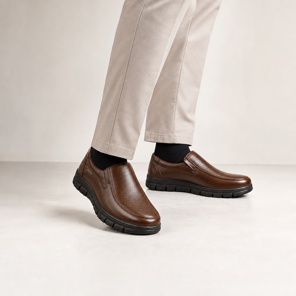 mocassins homme marron en cuir semelle épaisse photo lifestyle portée