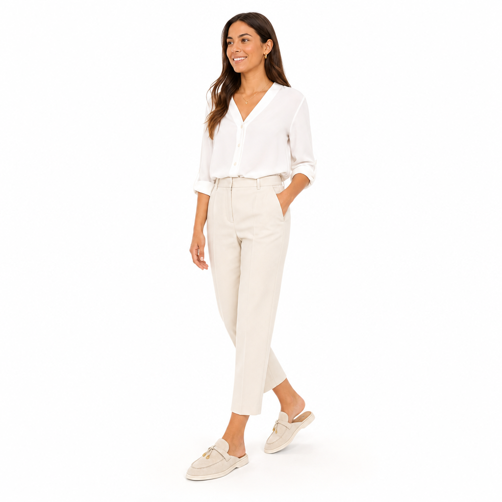 mocassins femme crème en daim ouvert shooting porté avec mannequin entier