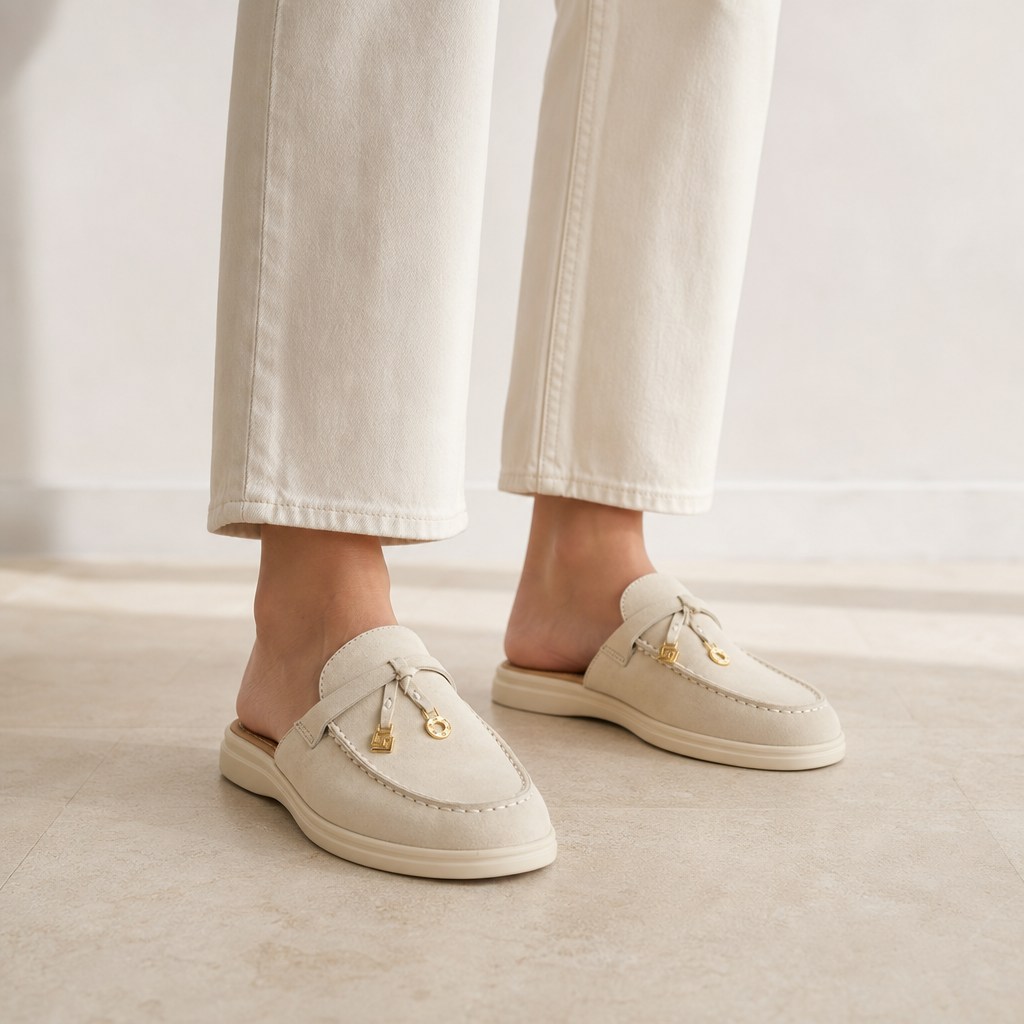 mocassins femme crème en daim ouvert photo lifestyle portée