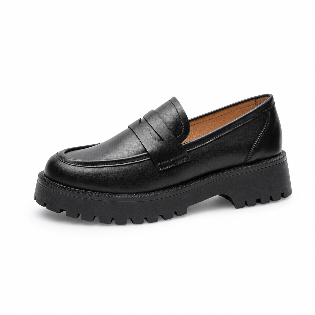 mocassins femme noir en cuir plateforme vue de côté