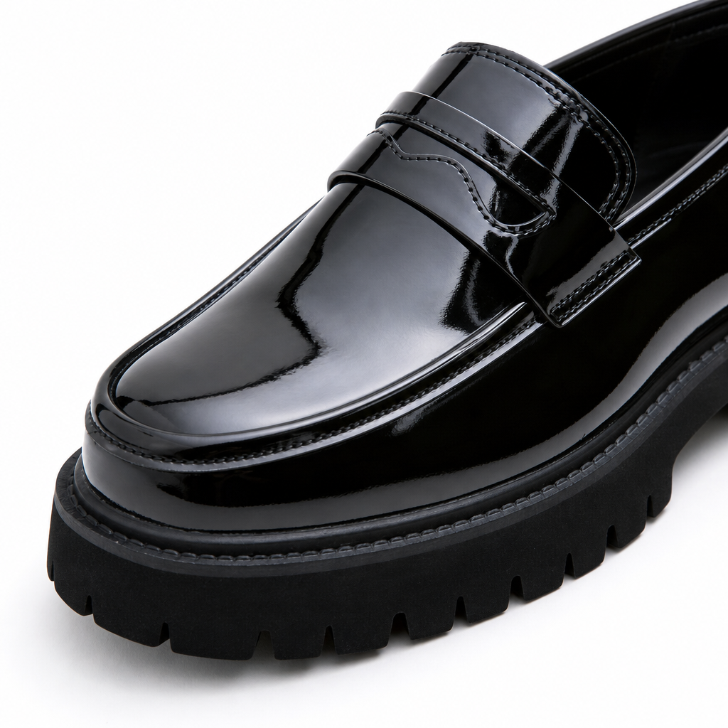mocassins homme noir verni en cuir gros plan détail