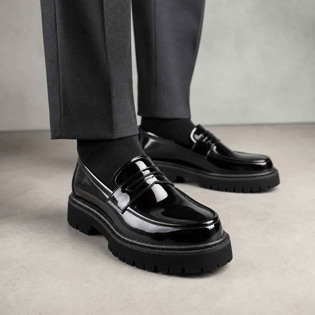mocassins homme noir verni en cuir détail porté aux pieds