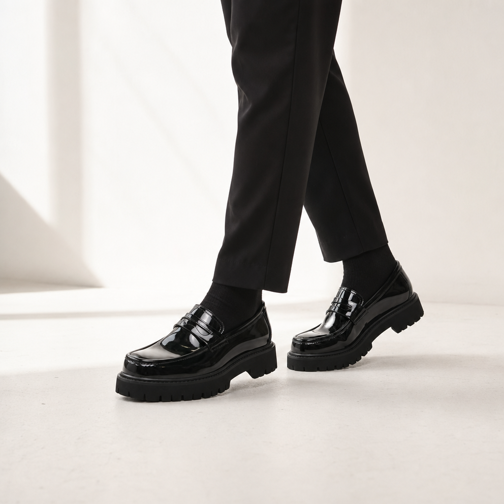 mocassins homme noir verni en cuir photo lifestyle portée