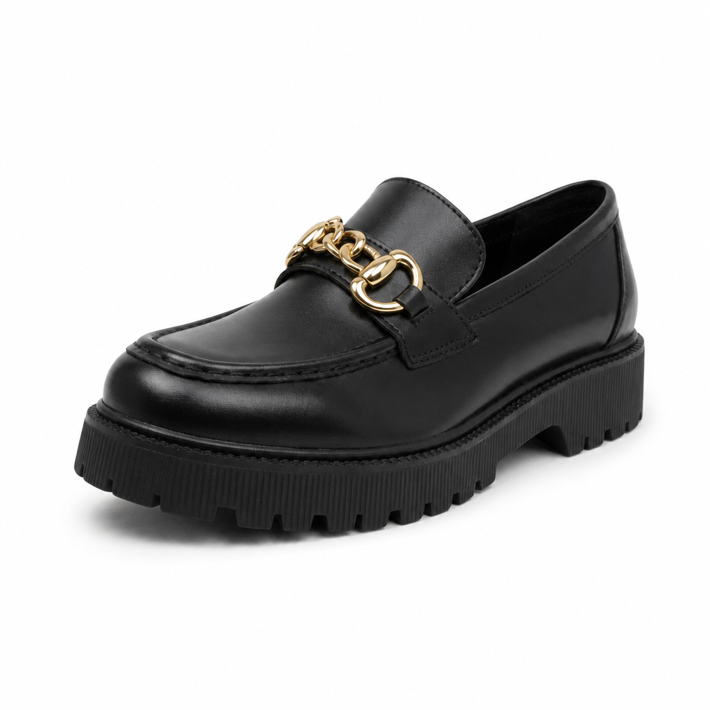 mocassins femme noir à chaînette à chaîne vue solo sur fond blanc