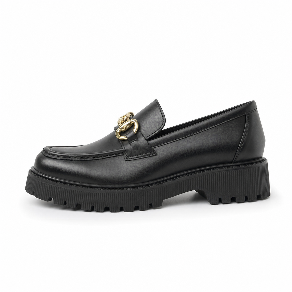 mocassins femme noir à chaînette à chaîne vue de côté