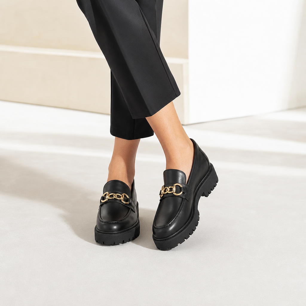 mocassins femme noir à chaînette à chaîne photo lifestyle portée